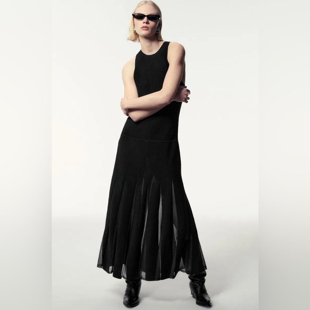 New COS Black Pleated Racer Neck Pleated Maxi Gown Dress, Size M SOLD OUT HTF